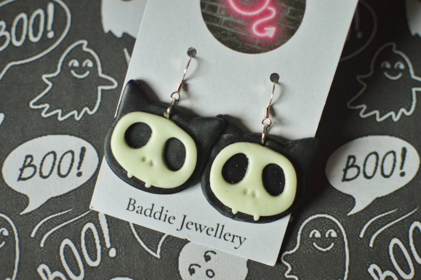 Glow In The Dark Cat Skull Earrings