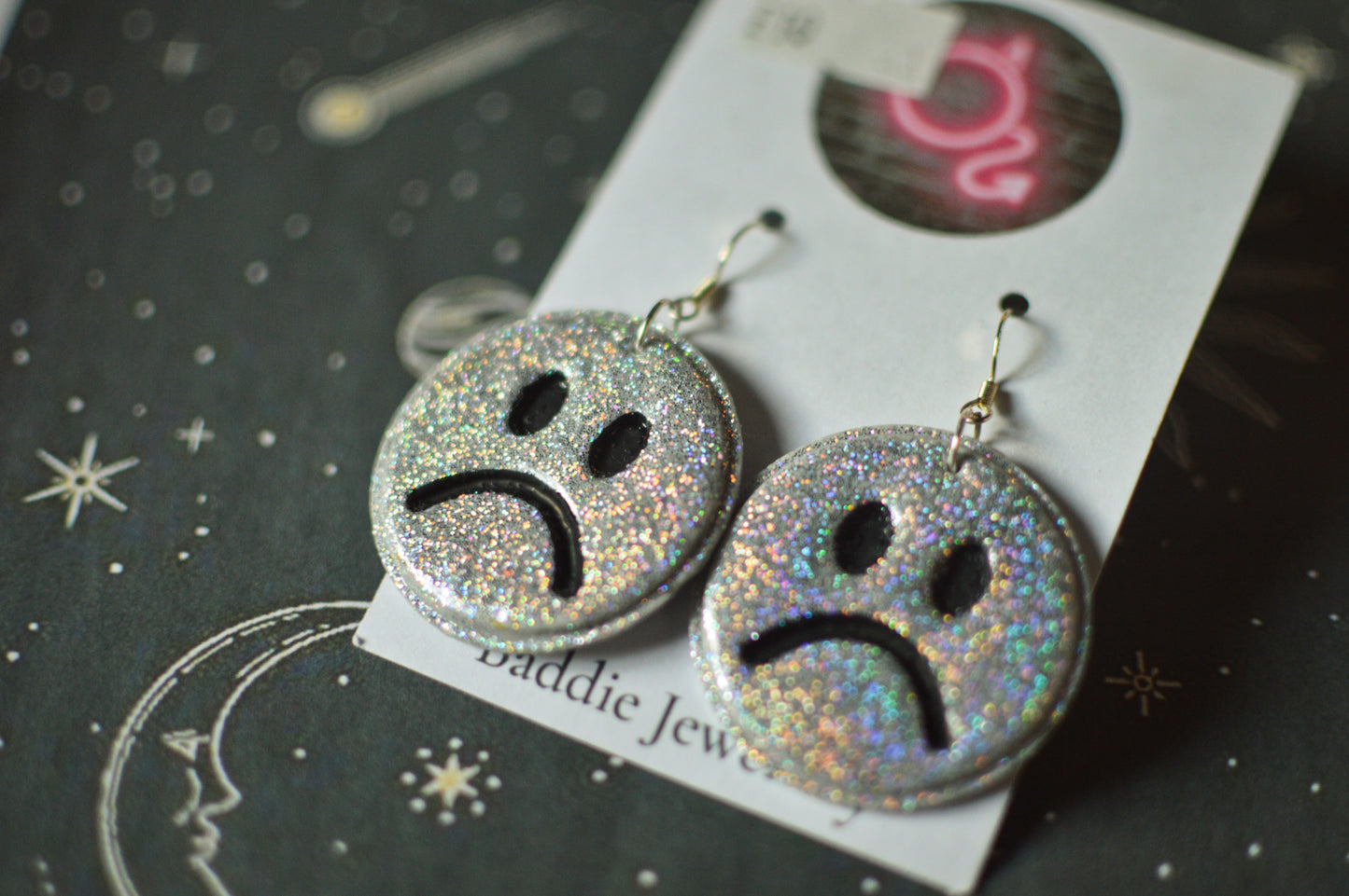 Glitter Sad Face Earrings