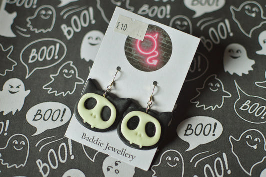 Glow In The Dark Cat Skull Earrings